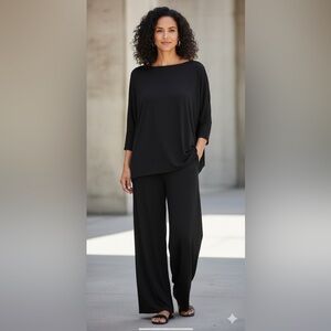 Eskandar Black Silk 2 Piece Set Square Top & Wide Leg Pants Size 0 1 Lagenlook‎